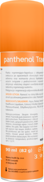 Pomarańczowa pianka regenerująco-łagodząca Panthenol Trauma 90ml, tył opakowania z polskim opisem i składem.