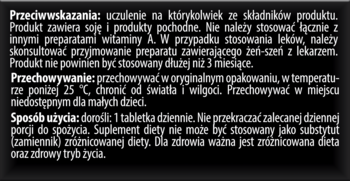 Vitotal suplement diety dla mężczyzn. Ulotka z białym tekstem na czarnym tle: przeciwwskazania, przechowywanie, użycie.