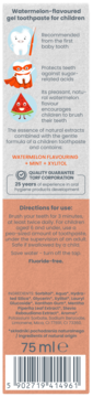 Tył tubki pasty do zębów Watermelon dla dzieci 75ml, bez fluoru, z instrukcją użycia i składnikami.