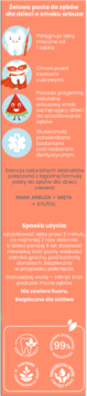 Żelowa pasta do zębów dla dzieci, arbuzowo-miętowa, bez fluoru. Opis na pomarańczowej etykiecie.