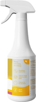 Biały spray Medisept do dezynfekcji powierzchni, z żółtą etykietą i zapachem papai, widok pod kątem.