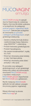 Tylna strona opakowania emulsji MUCOVAGIN z tekstem opisującym zastosowanie i skład produktu.