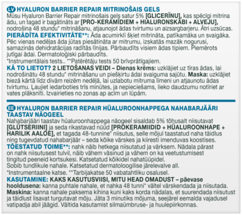 Dwie sekcje tekstu z opakowania: Hyaluron Barrier Repair Mitrinošais Gels i Taastav Näogeel.