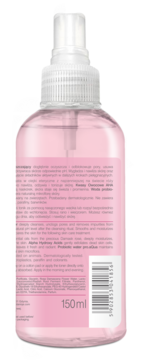 Różany Tonik z AHA w różowej butelce spray, tył z opisem składu i kodem kreskowym, 150ml.