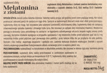 Jasnobrązowe kartonowe opakowanie Melatonina z ziołami, suplementu diety na sen, widok z przodu.