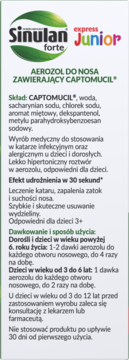 Sinulan Express Junior Forte aerozol do nosa z Captomucil. Biało-zielona etykieta z tekstem, widok przód.