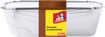 Srebrne aluminiowe foremki do pieczenia Jan Niezbędny, 3 szt., w brązowym opakowaniu z żółtą etykietą.