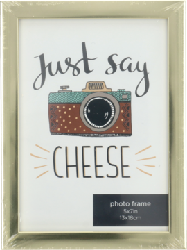 Jasnozielona ramka na zdjęcia 13x18 cm z rysunkiem aparatu i napisem 'Just say CHEESE' na białym tle.