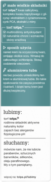 Etykieta kremu Tołpa, z tekstem o składnikach na trądzik: torf, kwas salicylowy, i wskazówki użycia.