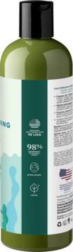 Tył zielonej butelki odżywki z algami morskimi. Etykieta: 98% składników naturalnych, Vegan, Made in USA.