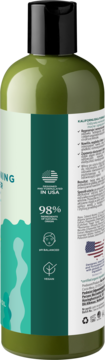 Tył zielonej odżywki Seaweed & Argan Oil, etykieta z Made in USA, 98% naturalnych składników, pH balanced, vegan.