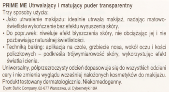Tekstowy opis pudru PRIME ME: utrwalający, matujący i transparentny. Informacje o 3 sposobach użycia.
