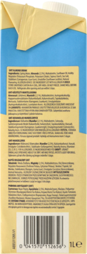 Tylna strona kartonu niesłodzonego napoju migdałowego UHT, z listą składników i kodem kreskowym, beżowo-niebieski.