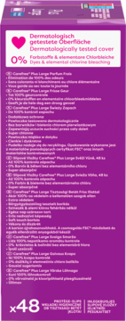 Tył fioletowego opakowania Carefree Plus Large wkładek higienicznych, 48 sztuk, 'Dermatologically tested', świeży zapach.