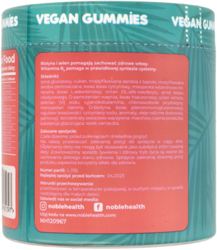 Tył zielonego opakowania Vegan Gummies, suplementu na zdrowe włosy, z różową etykietą i liśćmi palm.