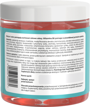 Tył opakowania wegańskich żelków, suplementu diety Flamingo Hair Food Yummy Gummy, z etykietą i składem.
