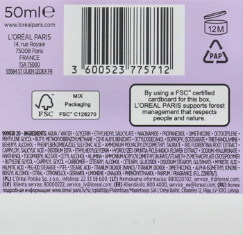 Tył fioletowego pudełka kremu L'Oréal Paris Hyaluron Specialist 50ml, z kodem kreskowym, listą składników i logo FSC.