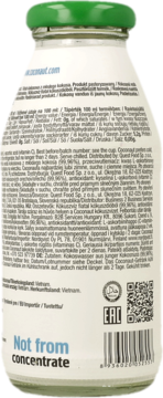 Tył butelki z wodą kokosową Cocomas z zieloną zakrętką. Widoczne informacje o produkcie, kod kreskowy i napis "Not from concentrate".