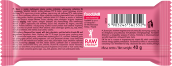 Tył różowego opakowania batona BeRAW! Energy o smaku malinowym, z kodem kreskowym i listą składników.