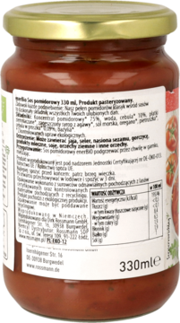 Tył słoika sosu pomidorowego, etykieta z listą składników i wartościami odżywczymi produktu pasteryzowanego.