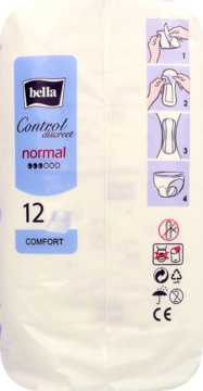 Tył białego opakowania Bella Control discret normal, wkładek urologicznych, z instrukcją użycia.