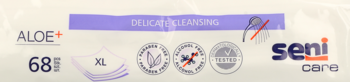 Seni Care Classic chusteczki nawilżane Aloe+ XL (68 sztuk) do delikatnego oczyszczania, na beżowym opakowaniu.