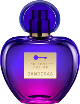 Banderas Her Secret Desire woda toaletowa, fioletowo-różowa, sercowata butelka ze złotymi detalami, widok z przodu.