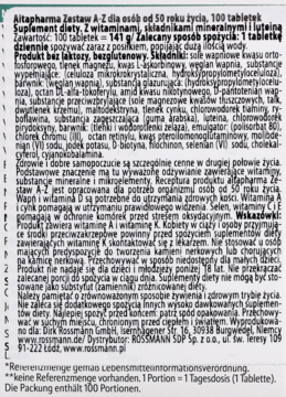 Biała etykieta suplementu Altapharma Zestaw A-Z 50+ dla osób 50+, z polskim opisem składników, widok z przodu.