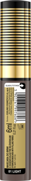 Brązowa mascara do brwi 6ml, 01 Light, z czarno-złotą zakrętką, pełny widok z przodu.