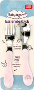 Babydream Esslernbesteck: różowe sztućce dziecięce ze stali nierdzewnej, w jasnoniebieskim opakowaniu.