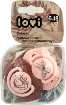Opakowanie Lovi Botanic dynamiczne smoczki 6-18m, 2 szt., różowe i brązowe z wzorami liści i motyla, widok z przodu.