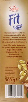 Tył opakowania Sante Fit ciasteczek zbożowych kakaowych bez cukru, z polskim opisem i kodem kreskowym.