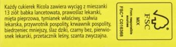 Fragment żółtej etykiety Ricola z listą 13 ziół w języku polskim oraz czarnym logo FSC C016398.