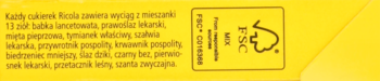 Fragment żółtego opakowania cukierków Ricola z polskim opisem 13 ziół i piktogramem.