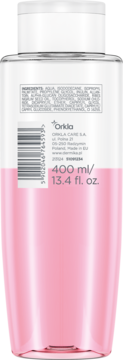 Tył butelki dwufazowego prebiotycznego płynu micelarnego Orkla, 400ml. Widoczne składniki.