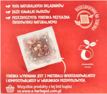 Tył herbaty Truskawka z Poziomką. Przezroczysta torebka z dużymi owocami, tekst o biodegradowalnym opakowaniu.