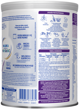 Tył białego opakowania mleka NAN EXPERTpro HA 2 z fioletowymi i złotymi detalami, instrukcje i tabela żywienia.