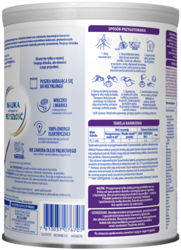 Tył opakowania NAN EXPERTPRO HA 3, biało-fioletowa puszka mleka modyfikowanego z instrukcją i tabelą karmienia.