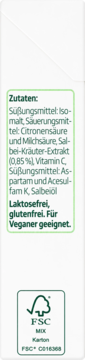 Tył opakowania Altapharma cukierków szałwiowych. Widoczne składniki, info: bez laktozy, glutenu, dla wegan. Logo FSC.