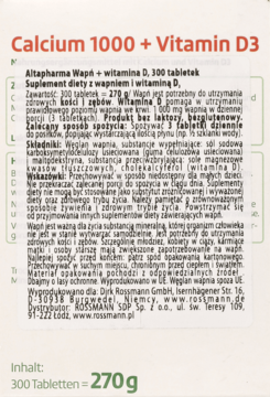 Biała etykieta Altapharma Calcium 1000 + D3, z zielonym paskiem, widok na szczegółowe informacje o 300 tabletkach.