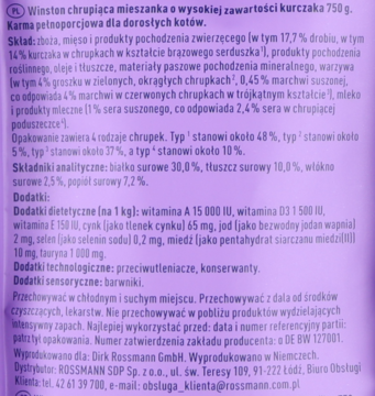 Tył fioletowego opakowania karmy Winston dla kotów dorosłych, szczegółowy skład i analiza odżywcza.
