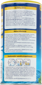 Tył opakowania Humana Herbatka dla niemowląt, niebieskie z żółtymi polami i gwiazdkami, z instrukcjami użycia.