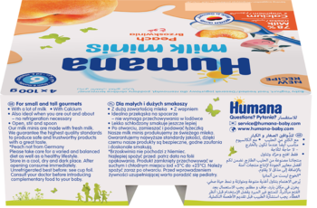 Tył opakowania Humana Milk Minis brzoskwiniowy deserek jogurtowy, białe z pomarańczem, widok pod kątem.