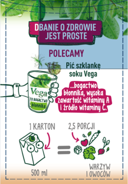 Sok Vega Prowansalskie Pola w infografice: karton 500ml i szklanka z opisem bogactwa błonnika, witamin A, C.
