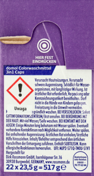 Tył fioletowo-białego opakowania domol 3in1 Caps, symbol ostrzegawczy, instrukcja 'naciśnij tu', dane Rossmann.