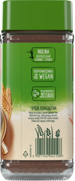 Tył szklanego słoika Inka Błonnik rozpuszczalna kawa zbożowa. Zielona etykieta z inuliną, wegan, bez cukru.