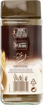 Tył szklanego słoika z kawą zbożową, brązowa etykieta z napisem "MAGNEZ", "VEGAN", bez cukru.