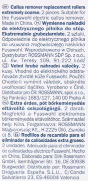 Tekst na opakowaniu wymiennych, ekstra gruboziarnistych wałków do elektrycznego pilnika Fusswohl, 2 sztuki.