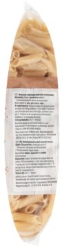 Tył opakowania makaronu enerBio penne z mąki orkiszowej. Przezroczysta torebka z białą etykietą i tekstem.