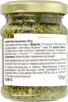 Słoik zielonego pesto bazyliowego enerBio 120g, widok z tyłu z czytelną etykietą składu produktu.